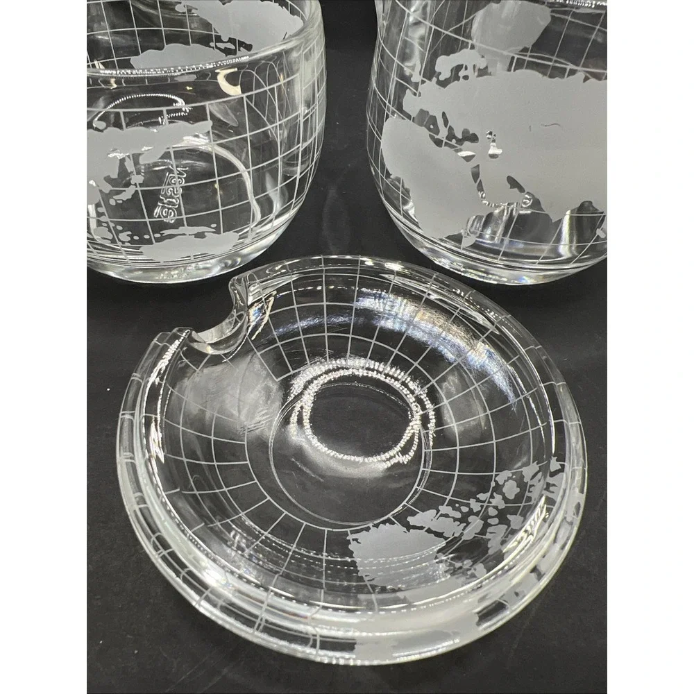 Vintage Nestle Nescafe Glass Coffee Mugs Set of 4 World Globe Creamer Sugar Lid
